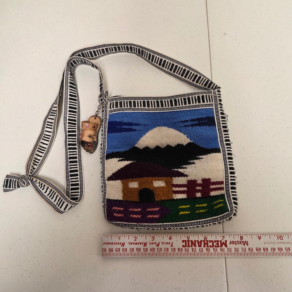 Vintage Woven Folk Art Crossbody Bag Blue White Scenic Mountain Landscape Zipper
